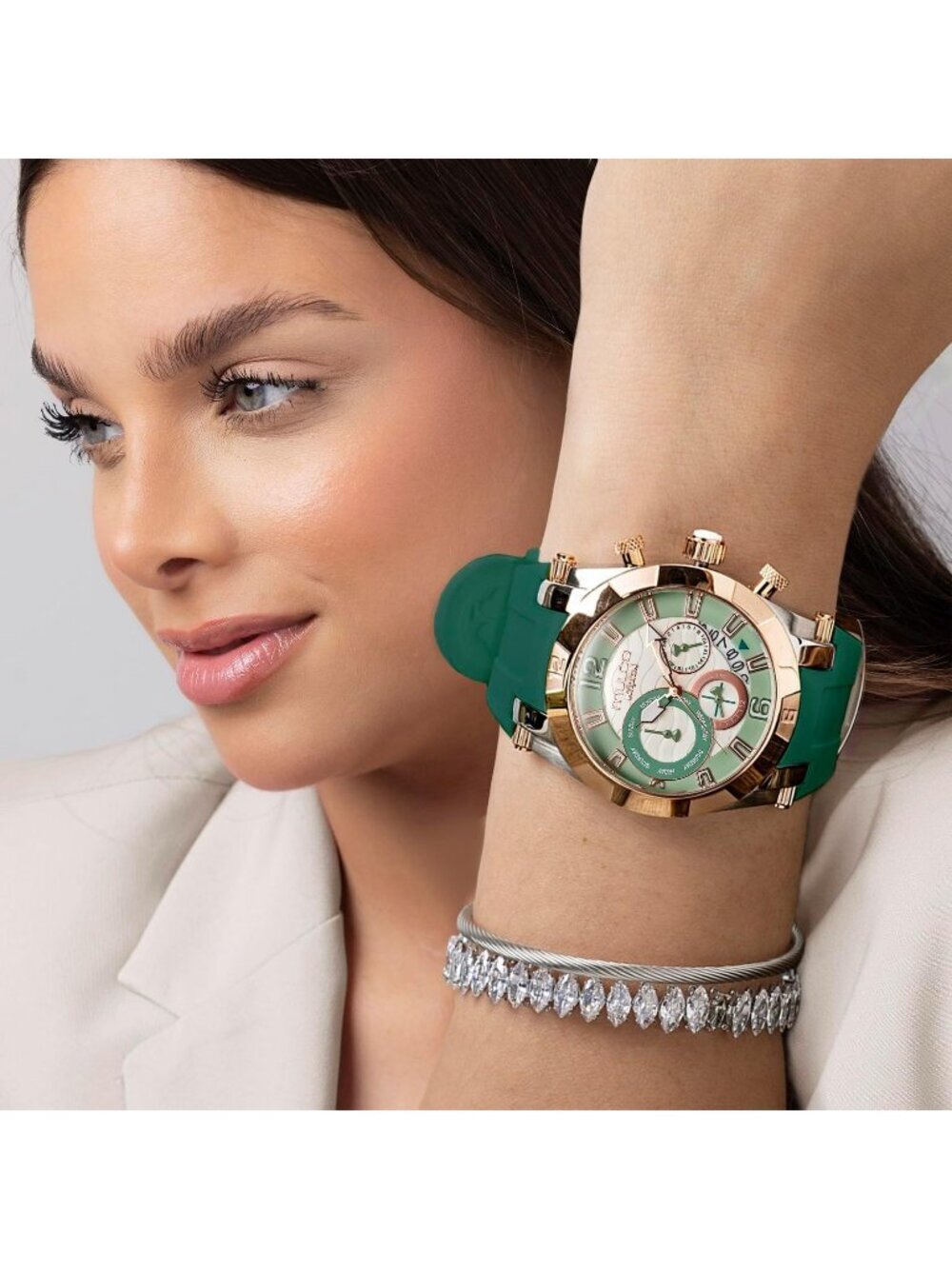 Women's Green Rose Gold Large Face Waterproof Stainless Steel Quartz Watches - Picture 3 of 7